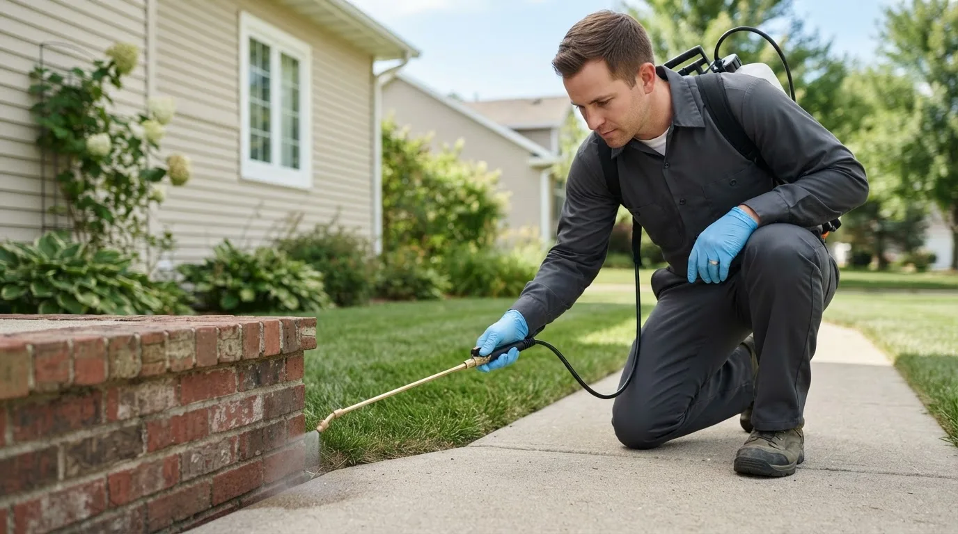 Pest control technician treating a home near Lometa, TX