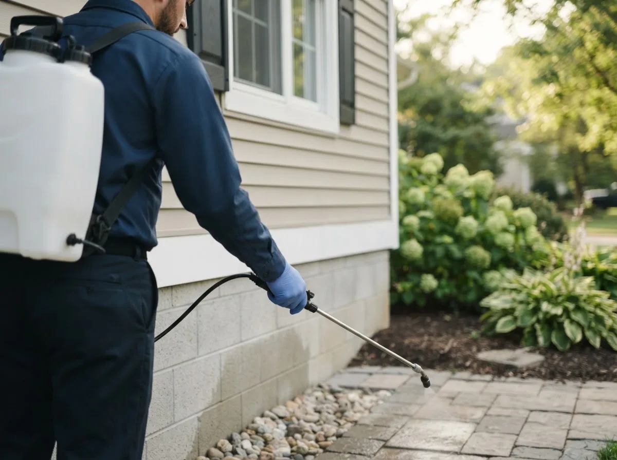 Pest control technician inspecting a home in Lometa, TX